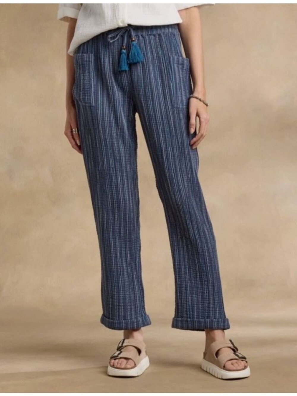 Sundance Womens Pants Sz L Blue/Red Striped Campari Gauze Cotton PullOn Beachy